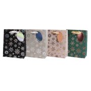 Vianočná papierová taška 115x145mm textilné ušká vo farbe tašky mix 4 metalických motívov bez