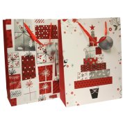 Vianočná papierová taška 310x420x120mm textilné ušká vo farbe tašky mix 2 farebných motívov bez